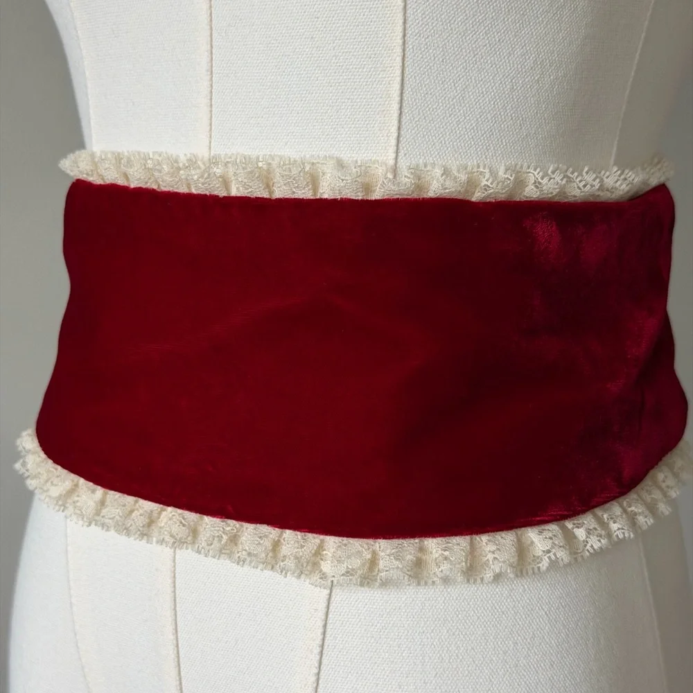 Romantic Vintage Red Velvet Wide Corset Belt with Lace Trim-Length 31”, Wide 5”